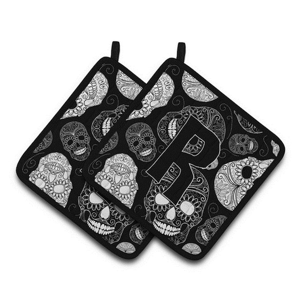 Carolines Treasures Letter R Day of the Dead Skulls Black Pair of Pot Holders, 7.5 x 3 x 7.5 in. - CJ2008-RPTHD