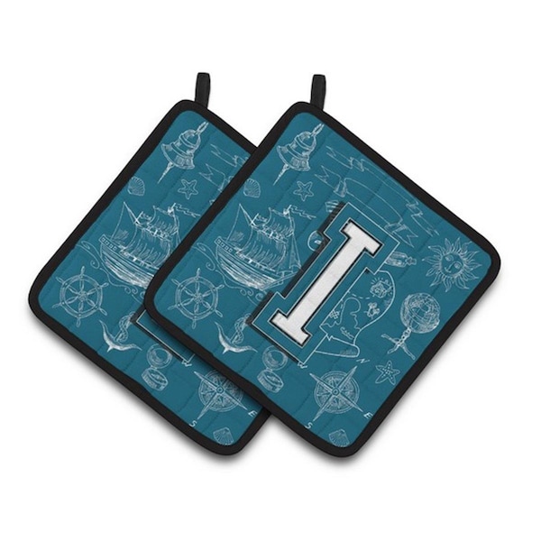 Carolines Treasures Letter I Sea Doodles Initial Alphabet Pair of Pot Holders, 7.5 x 3 x 7.5 in. - CJ2014-IPTHD
