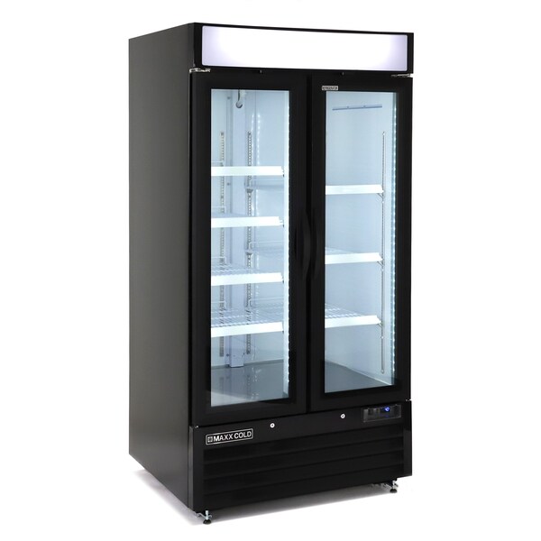 Maxx Cold Double Glass Door Narrow Width Merchandise Refrigerator, Swing Style Door, 39.5 in.W, 36 cu. ft., Black - MXM2-36RBHC