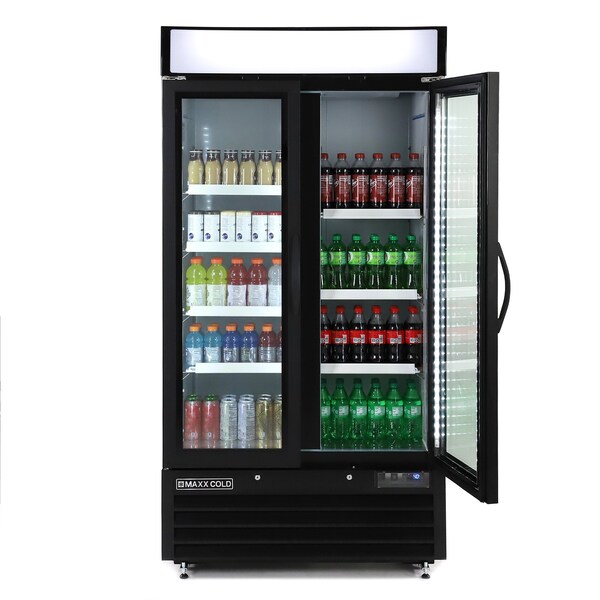 Maxx Cold Double Glass Door Narrow Width Merchandise Refrigerator, Swing Style Door, 39.5 in.W, 36 cu. ft., Black - MXM2-36RBHC