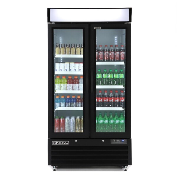 Maxx Cold Double Glass Door Narrow Width Merchandise Refrigerator, Swing Style Door, 39.5 in.W, 36 cu. ft., Black - MXM2-36RBHC