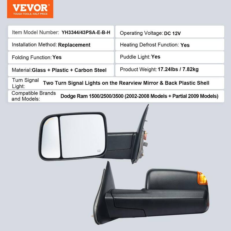 VEVOR Towing Mirrors Pair Set for 2002-2008 Dodge Ram 1500 2500 3500 with Ligh Manual Controlling Flipping Folding Black - QYJHZKDQGY15RNQ18V9
