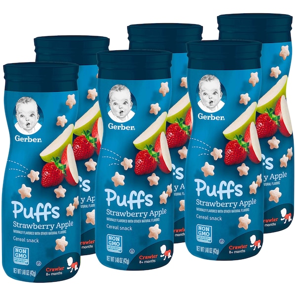 Bocadillo para bebé Gerber Gerber Puffs Manzana Fresa 1.48 oz., paquete de 6 - 00015000960056