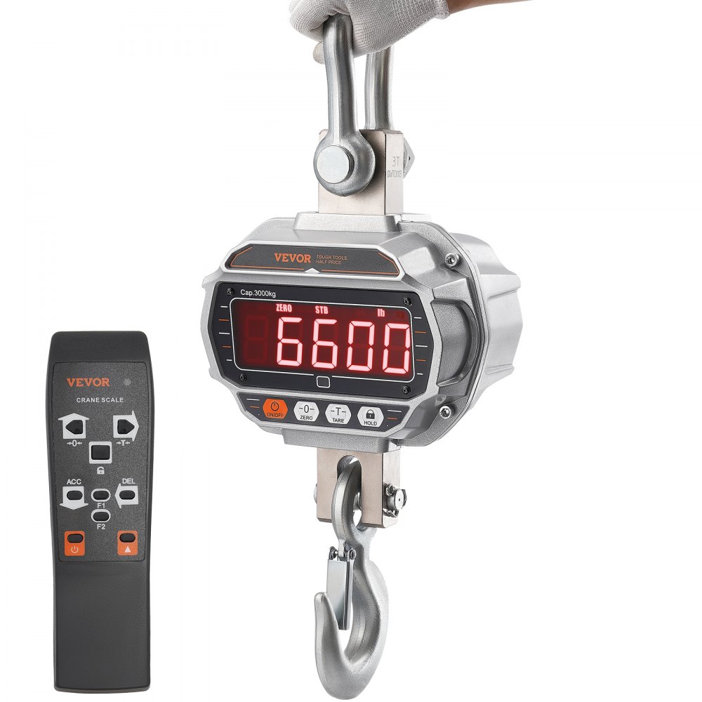 VEVOR Digital Crane Scale, 6600 lbs/3000 kg, Industrial Heavy Duty Hanging Scale with Remote Control, Cast Aluminum Case & LED Screen, High Precision for Construction, Factory, Farm, Hunting (Silver) - ZXDCZX1000GYWPNA4V1
