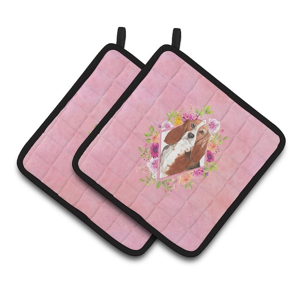 Carolines Treasures 7.5 x 7.5 in. Basset Hound Pink Flowers Pair of Pot Holders - CK4266PTHD