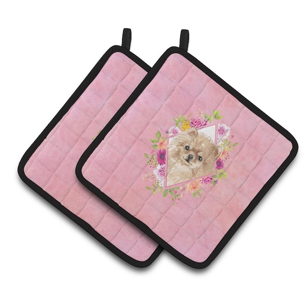 Carolines Treasures 7.5 x 7.5 in. Pomeranian Pink Flowers Pair of Pot Holders - CK4219PTHD