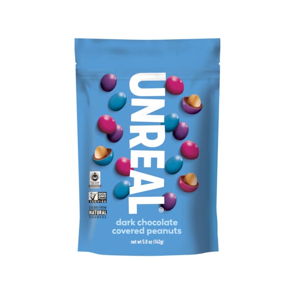 Cacahuates cubiertos de chocolate oscuro en bolsa de 5 oz. de Unreal Candy, paquete de 6 - 221.