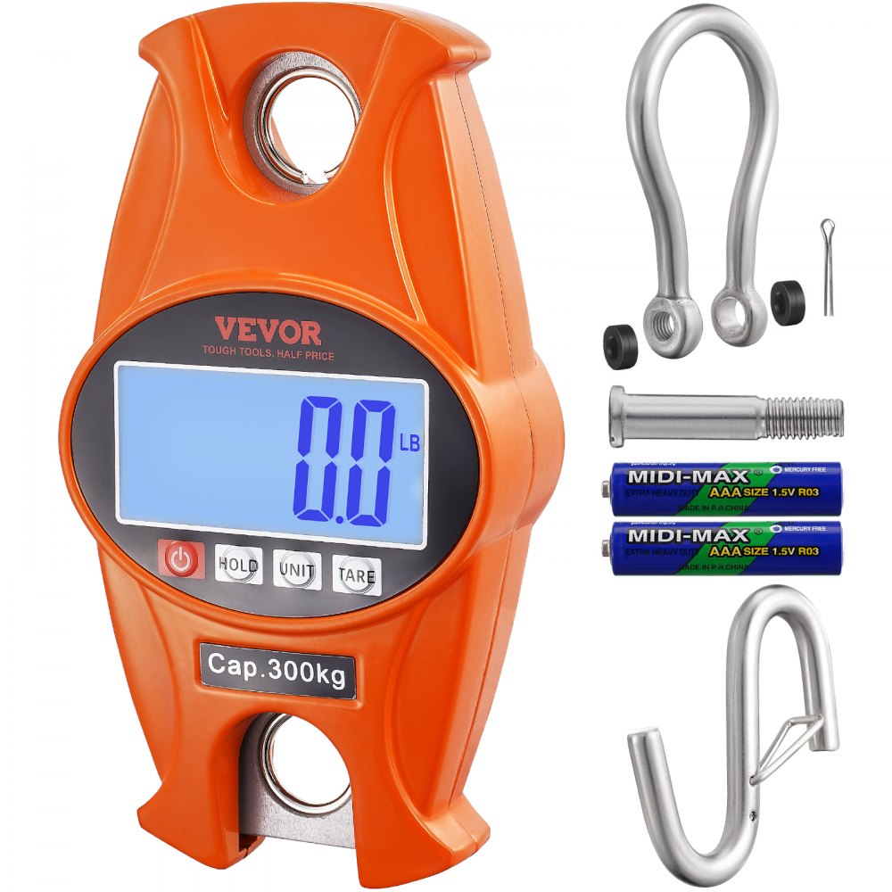 VEVOR Digital Crane Scale, 660 lbs/300 kg, Industrial Heavy Duty Hanging Scale with Cast Aluminum Case & LCD Screen, Handheld Mini Crane with Hooks for Farm, Hunting, Fishing, Outdoor, Garage (Orange) - QXDCPTK50GLQF3X0YV9