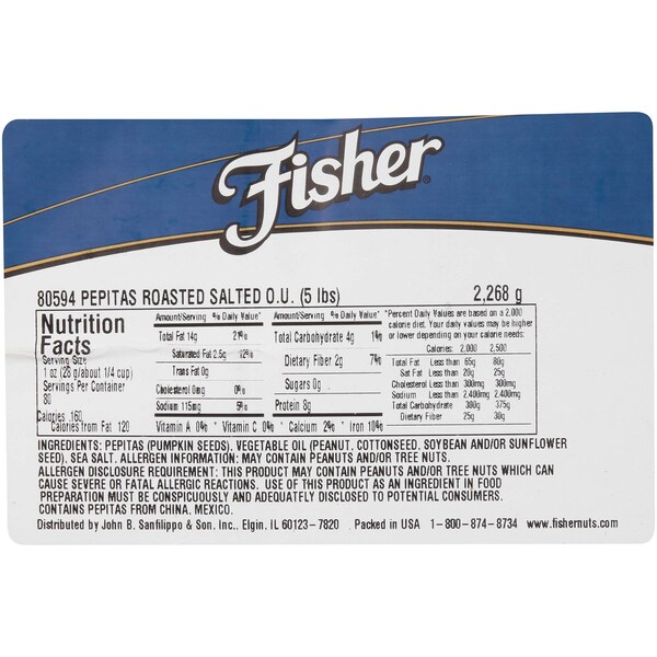 Pepitas de calabaza Fisher Fisher asadas con sal marina 5 libras - 80594