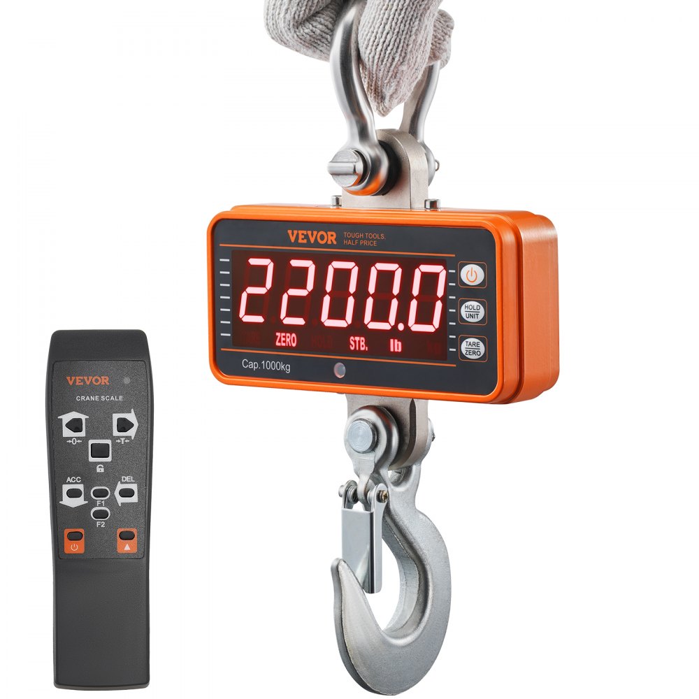 VEVOR Digital Crane Scale, 2200 lbs/1000 kg, Industrial Heavy Duty Hanging Scale with Remote Control, Cast Aluminum Case & LED Screen, High Precision for Construction, Factory, Farm, Hunting (Orange) - ZXDCZX200GYZ5IWZ1V9