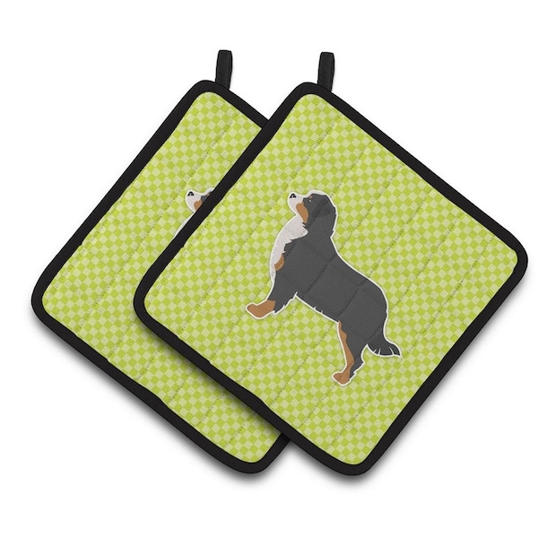 Carolines Treasures Bernese Mountain Dog Checkerboard Green Pair of Pot Holders - BB3819PTHD