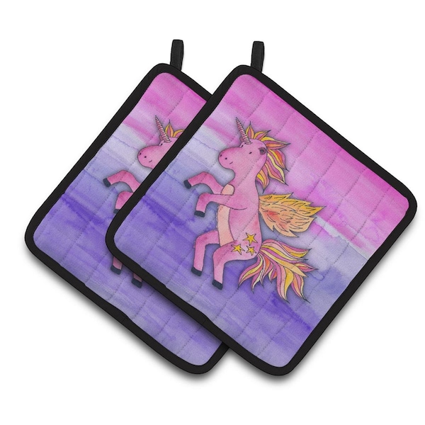 Carolines Treasures Pink Unicorn Watercolor Pair of Pot Holders - BB7432PTHD