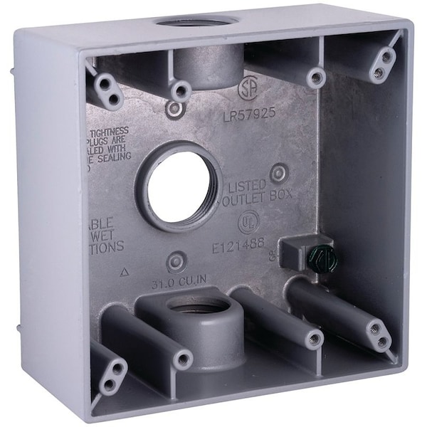 Hubbell Weatherproof Box, 3-Outlet, 2-Gang, Aluminum, Gray, Powder-Coated, Horizontal/Vertical - 5341-0