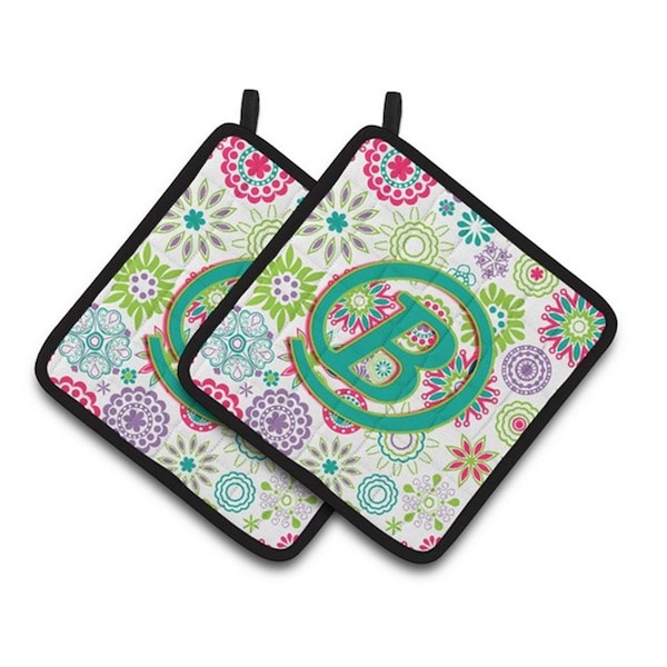 Carolines Treasures Letter B Flowers Pink Teal Green Initial Pair of Pot Holders, 7.5 x 3 x 7.5 in. - CJ2011-BPTHD