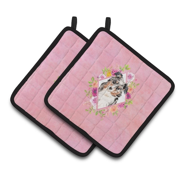 Carolines Treasures 7.5 x 7.5 in. Australian Shepherd Pink Flowers Pair of Pot Holders - CK4267PTHD