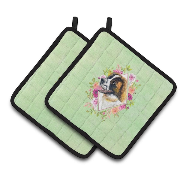 Carolines Treasures 7.5 x 7.5 in. Saint Bernard No.2 Green Flowers Pair of Pot Holders - CK4347PTHD