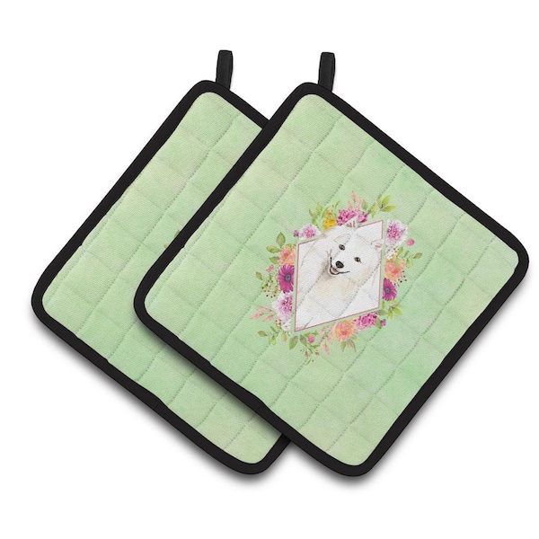 Carolines Treasures 7.5 x 7.5 in. Japanese Spitz Green Flowers Pair of Pot Holders - CK4389PTHD