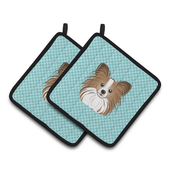 Carolines Treasures Checkerboard Blue Papillon Pair of Pot Holders, 7.5 x 3 x 7.5 in. - BB1186PTHD