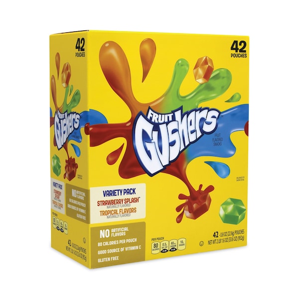 Betty Crocker Fruit Gushers Fruit Snacks, Sabores de Fresa y Frutas Tropicales, 0.8 oz, Paquete de 42, 42 Paquetes - 14698
