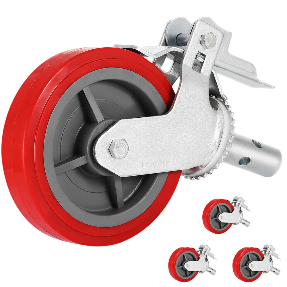 VEVOR Scaffolding Wheels Set of 4, 8" - Scaffolding Casters Heavy Duty, 3200 Lbs Per Set - Locking Stem Casters with Brake, Red Polyurethane - Replacement for Scaffold, Shelves, Workbench - TX9-5TXJAZJLRED01V0
