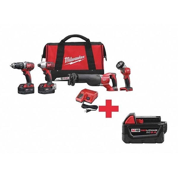 Milwaukee Tool Cordless Combination Kit, 18 V, 4 Tools, Includes Batteries - 2696-24, 48-11-1850