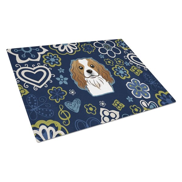 Carolines Treasures Blue Flowers Cavalier Spaniel Glass Cutting Board Large - BB5075LCB