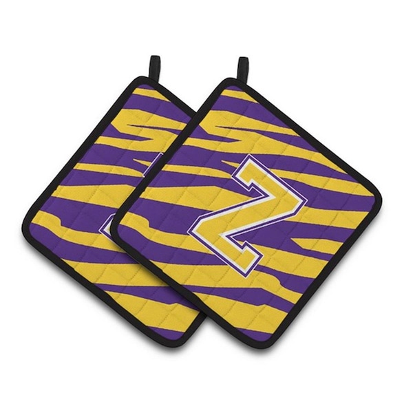 Carolines Treasures Letter Z Monogram - Tiger Stripe - Purple Gold Pair of Pot Holders, 7.5 x 3 x 7.5 in. - CJ1022-ZPTHD