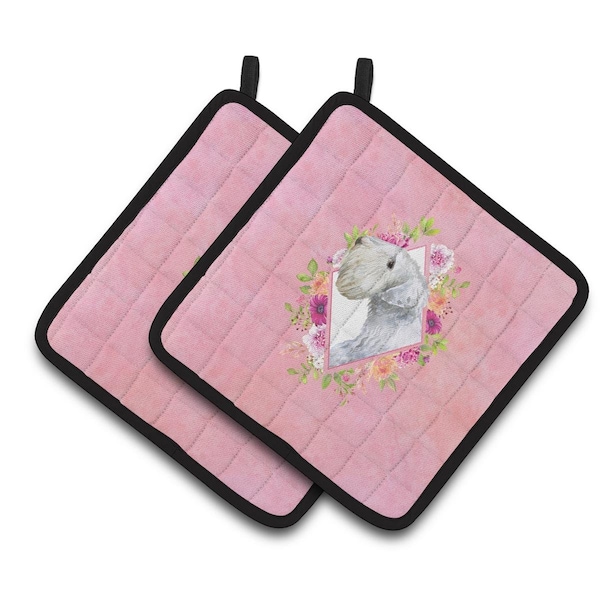 Carolines Treasures 7.5 x 7.5 in. Sealyham Terrier Pink Flowers Pair of Pot Holders - CK4180PTHD
