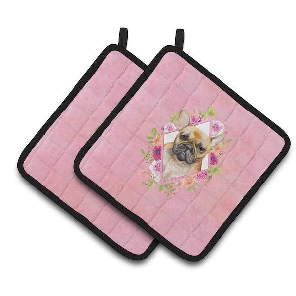 Carolines Treasures 7.5 x 7.5 in. Fawn French Bulldog Pink Flowers Pair of Pot Holders - CK4144PTHD