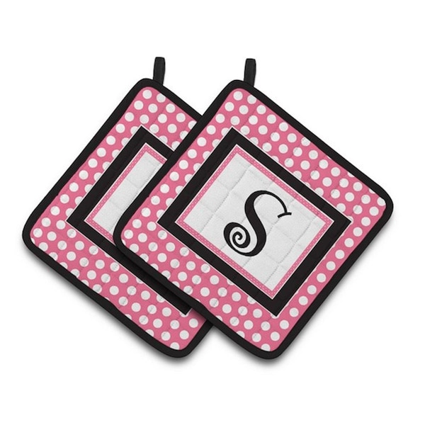 Carolines Treasures Letter S Monogram - Pink Black Polka Dots Pair of Pot Holders, 7.5 x 3 x 7.5 in. - CJ1001-SPTHD