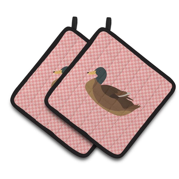 Carolines Treasures Khaki Campbell Duck Pink Check Pair of Pot Holders - BB7866PTHD