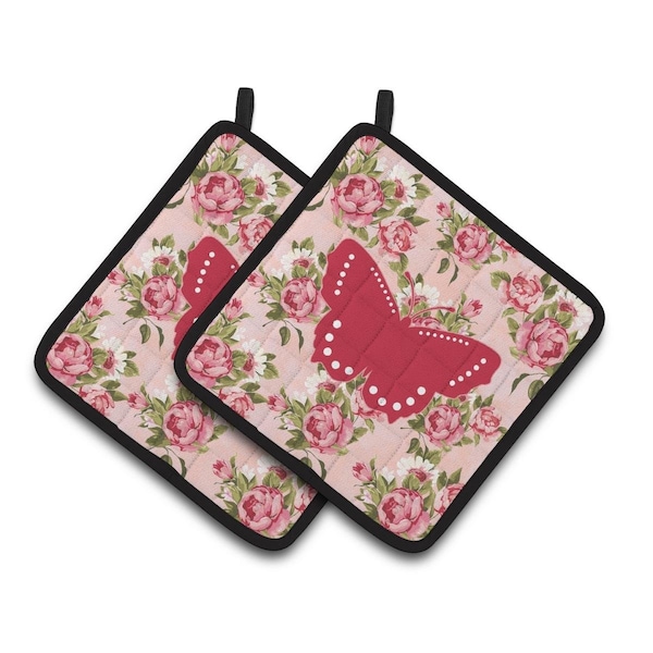 Carolines Treasures Butterfly Pink Roses Pair of Pot Holders - BB1033-RS-PK-PTHD