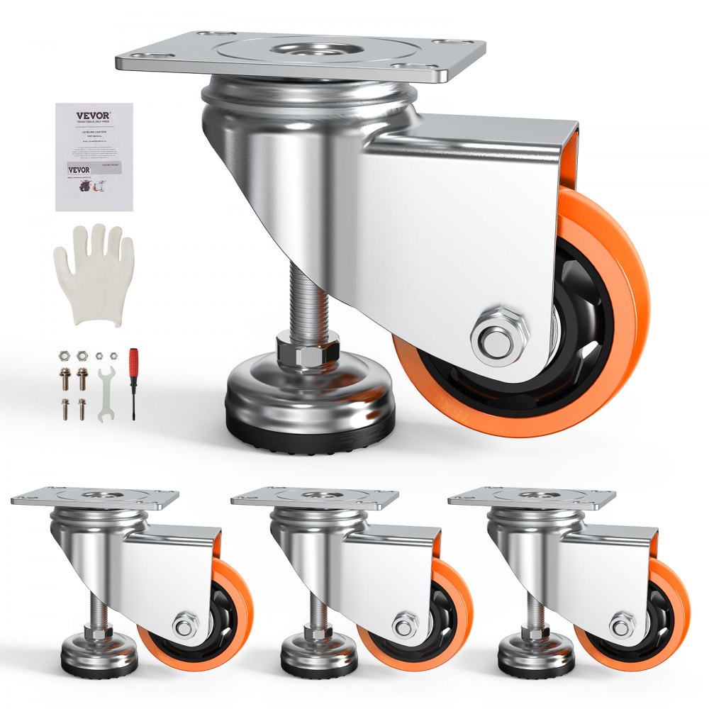 VEVOR Leveling Casters, Set of 4, 720 lbs Total Load Capacity, 3 inches Diameter, Heavy Duty 360 Degree Swivel Caster Wheels, Adjustable Casters with Feet for Workbench, Machine, Equipment, Furniture - DJJLBSDJPBS4F20XRV0