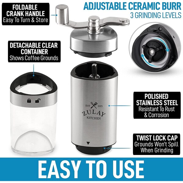 Zulay Kitchen New Manual Coffee Grinder, Folding Handle  Stainless Steel - ZULB08BGXLH7R