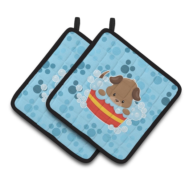 Carolines Treasures Puppy Taking a Bath Pair of Pot Holders - BB7077PTHD