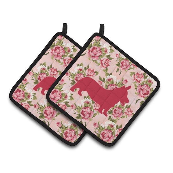 Carolines Treasures Corgi Pink Roses Pair of Pot Holders - BB1069-RS-PK-PTHD