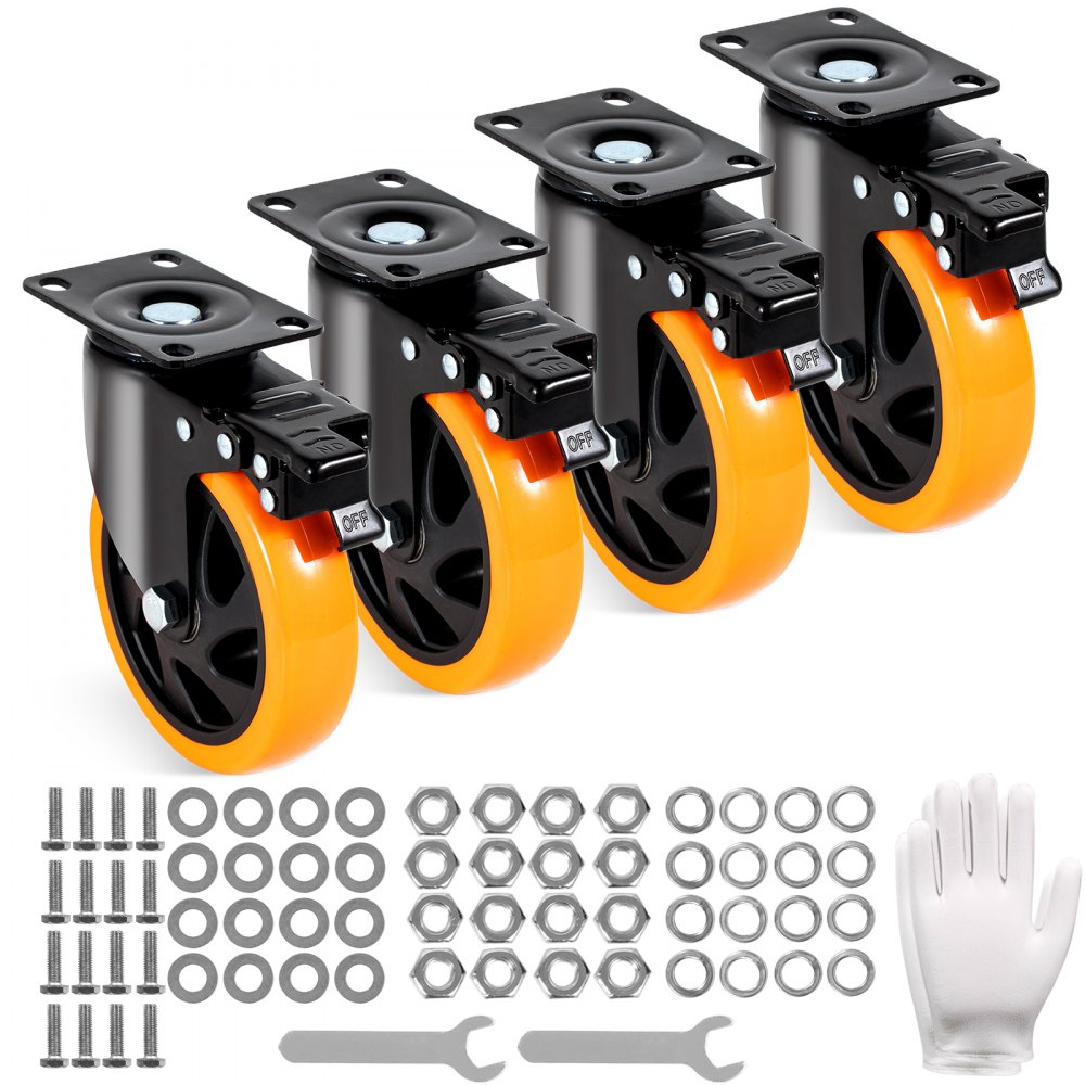 VEVOR Caster Wheels, 5-inch Swivel Plate Casters, Set of 4, with Security A/B Locking No Noise PVC Wheels, Heavy Duty 450 lbs Load Capacity Per Caster, Non-Marking Wheels for Cart Furniture Workbench - PBJLCSJAZ4J4XPOVCV0