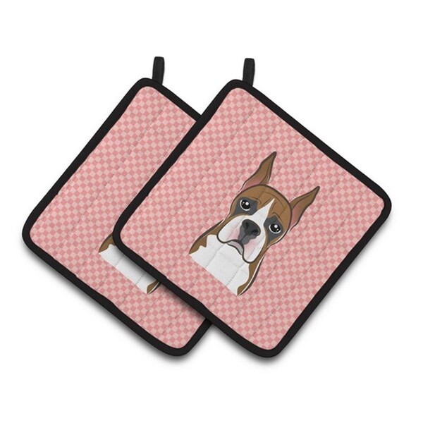 Carolines Treasures Checkerboard Pink Boxer Pair of Pot Holders, 7.5 x 3 x 7.5 in. - BB1223PTHD