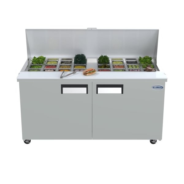 Koolmore Stainless Steel Refrigerated Food Prep Station Table Two Doors with Hood Cover with Mega Top Surface - SPTR-2D-15C-LT