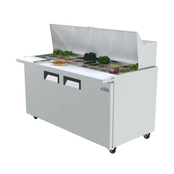 Koolmore Stainless Steel Refrigerated Food Prep Station Table Two Doors with Hood Cover with Mega Top Surface - SPTR-2D-15C-LT