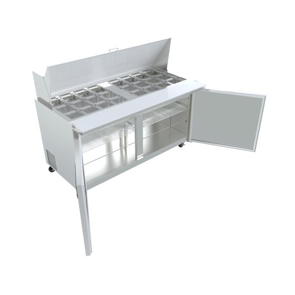 Koolmore Stainless Steel Refrigerated Food Prep Station Table Two Doors with Hood Cover with Mega Top Surface - SPTR-2D-15C-LT