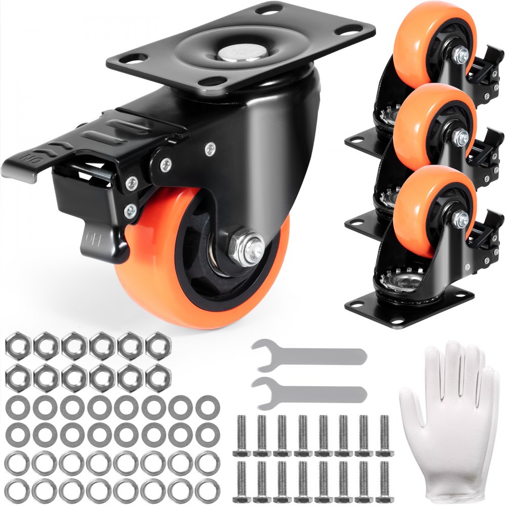VEVOR Caster Wheels, 3-inch Swivel Plate Casters, Set of 4, with Security A/B Locking No Noise PVC Wheels, Heavy Duty 250 lbs Load Capacity Per Caster, Non-Marking Wheels for Cart Furniture Workbench - PBJLCSJAZ4J27UKMWV0