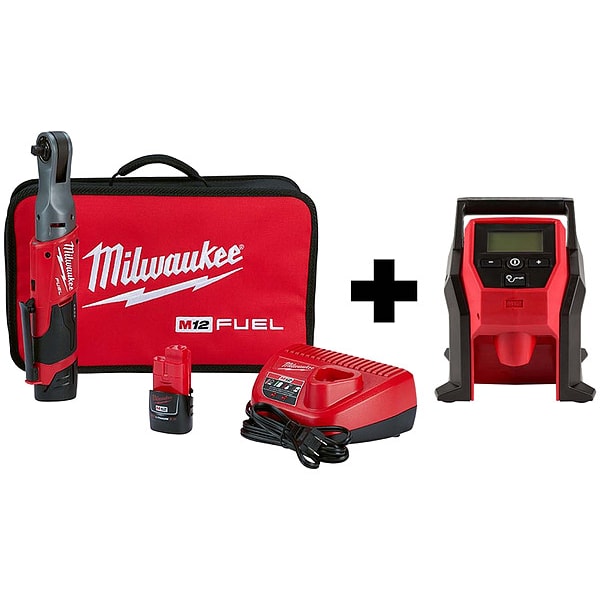 Milwaukee Tool M12 3/8" Ratchet 2Batt, M12 CP Inflator - 2557-22, 2475-20
