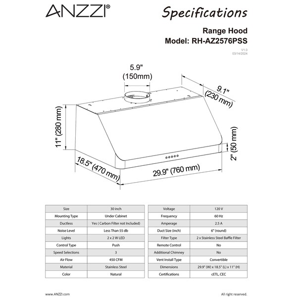 Anzzi 30-inch Under Cabinet Range Hood Ducted or Ductless Convertible Kitchen over Stove Vent - RH-AZ2576PSS