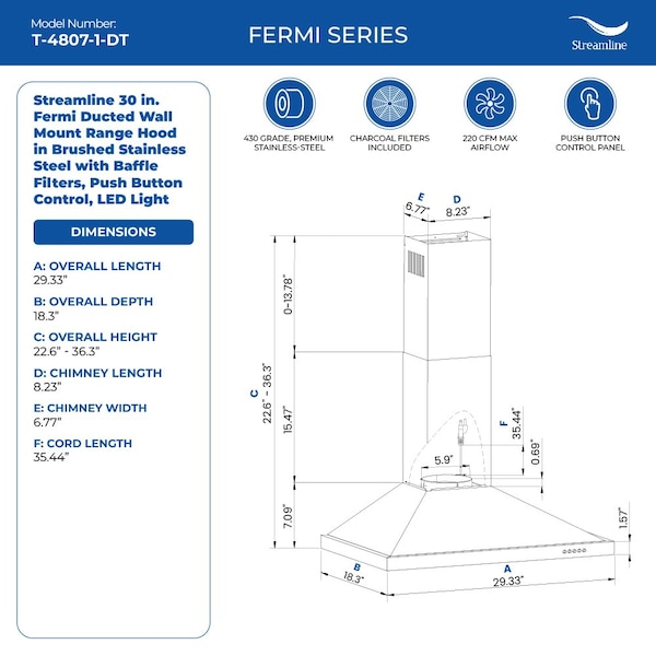 Streamline 30 in. Fermi Ducted Wall Mount 220 CFM Range Hood in Brushed Stainless Steel - T-4807-1-DT