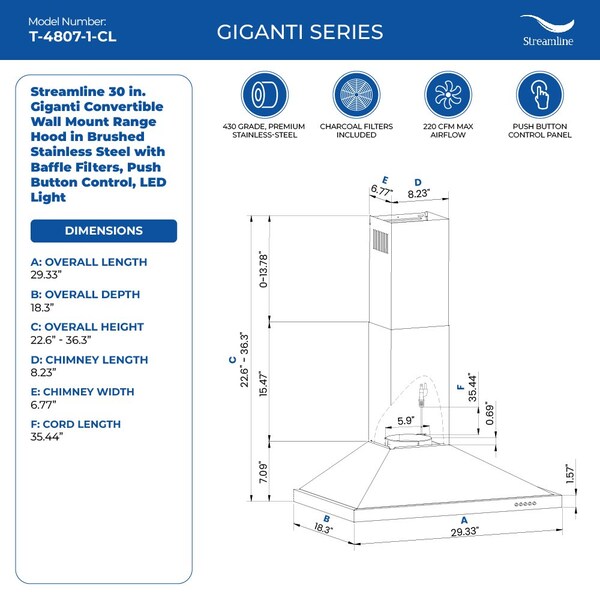 Streamline 30 in. Giganti Convertible Wall Mount 220 CFM Range Hood in Brushed Stainless Steel - T-4807-1-CL