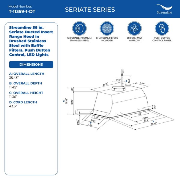 Streamline 36 in. Seriate Ducted Insert 350 CFM Range Hood in Brushed Stainless Steel - T-11359-1-DT