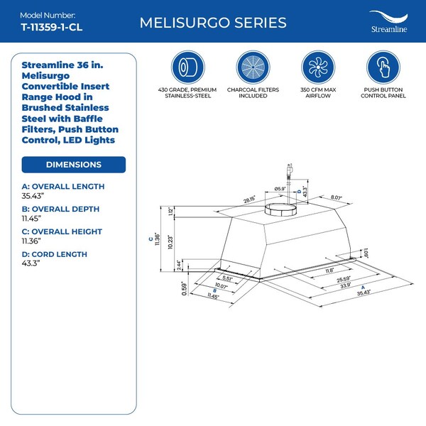 Streamline 36 in. Melisurgo Convertible Insert 350 CFM Range Hood in Brushed Stainless Steel - T-11359-1-CL
