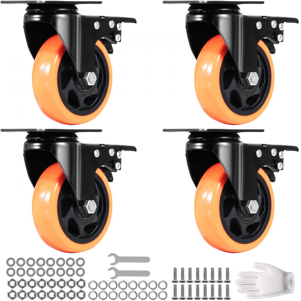 VEVOR Caster Wheels, 4-inch Swivel Plate Casters, Set of 4, with Security A/B Locking No Noise PVC Wheels, Heavy Duty 350 lbs Load Capacity Per Caster, Non-Marking Wheels for Cart Furniture Workbench - PBJLCSJAZ4J3LNWL1V0