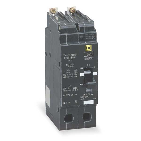 Square D Miniature Circuit Breaker, EGB Series, 15A, 2 Pole, 277/480V AC, 65kA at 120V AC - EGB24015